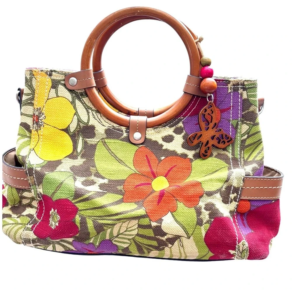 Relic Floral Canvas Satchel Purse Wood Handle Pockets Faux Leather Trim Zip Snap